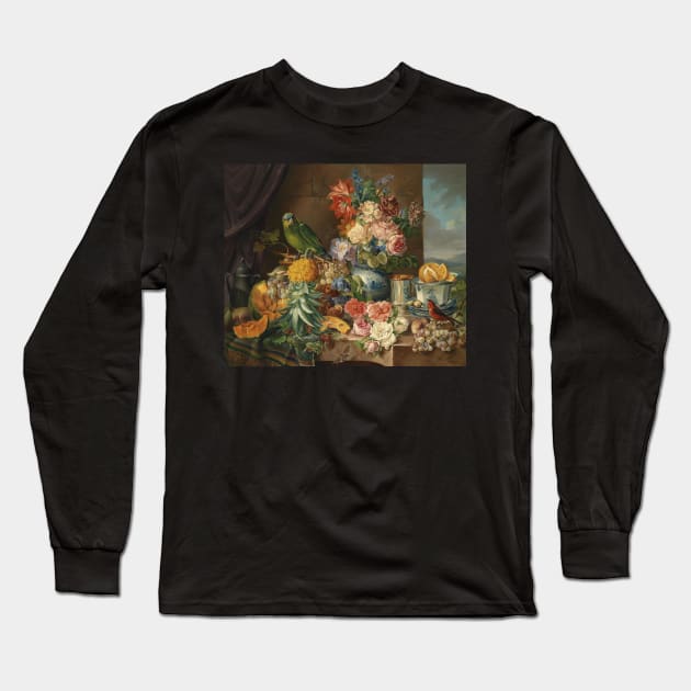 Still Life with Fruit Flowers and a Parrot by Josef Schuster Long Sleeve T-Shirt by Amanda1775